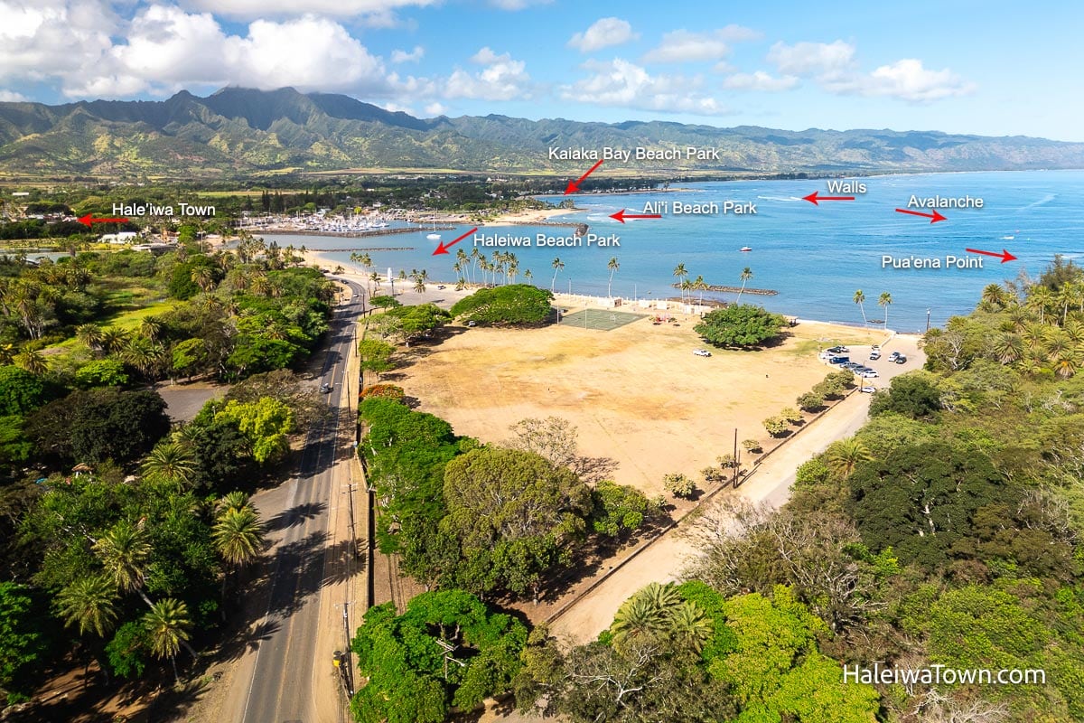 aerial view of the beaches bordering Haleiwa Town with arrows pointing to their respectful names