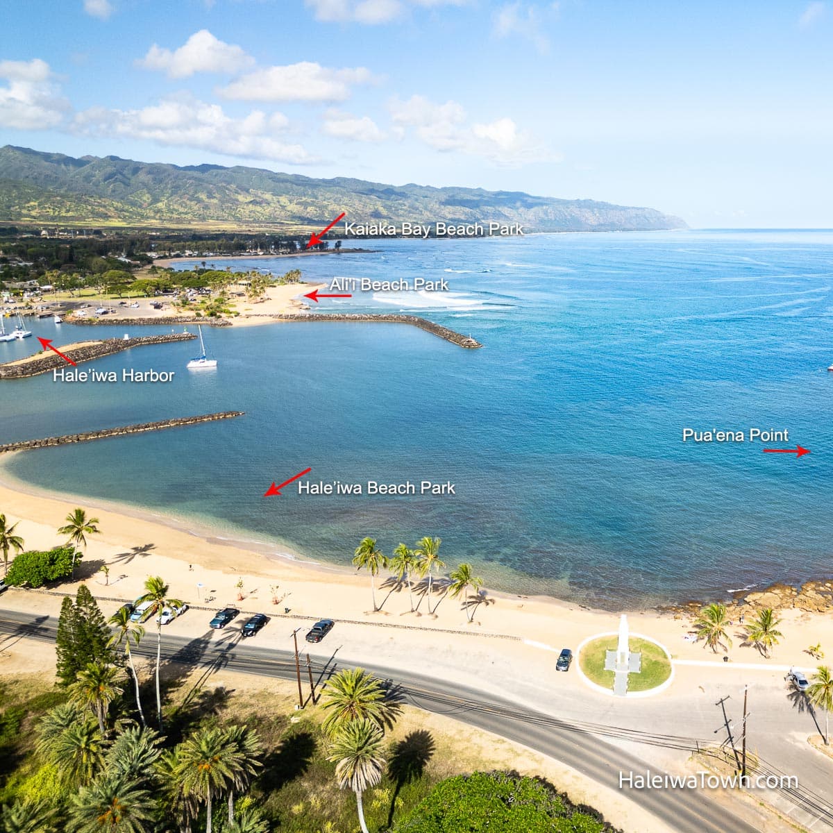 aerial view with red arrows pointing to each location of the beaches in Haleiwa