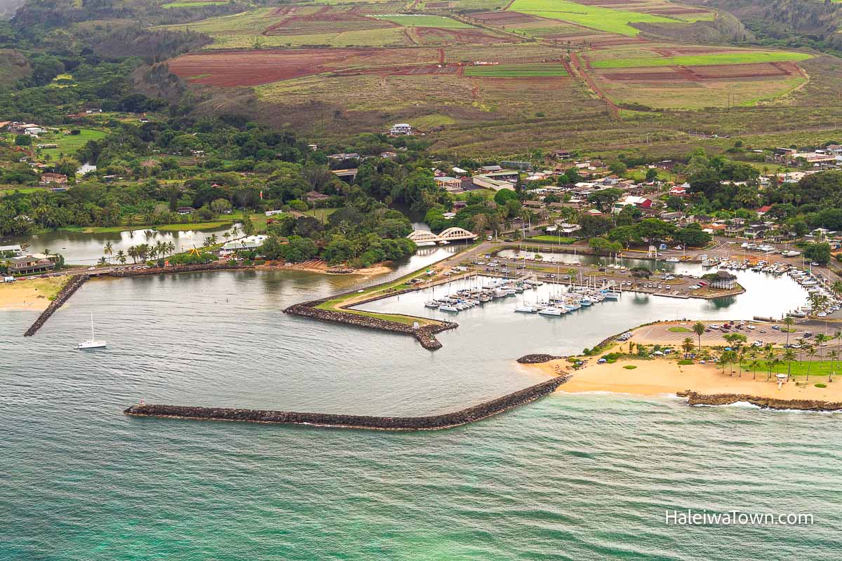 aerial view of haleiwa town, boat harbor, Ana'hulu river, alii beach and rainbow bridge