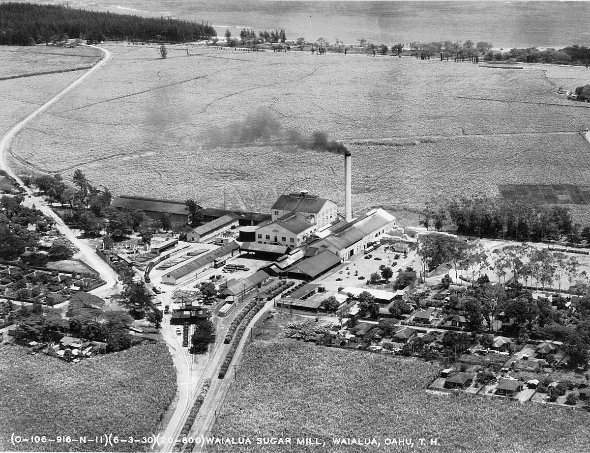 aerial view from 1930 of the waialua sugar mill on the north shore