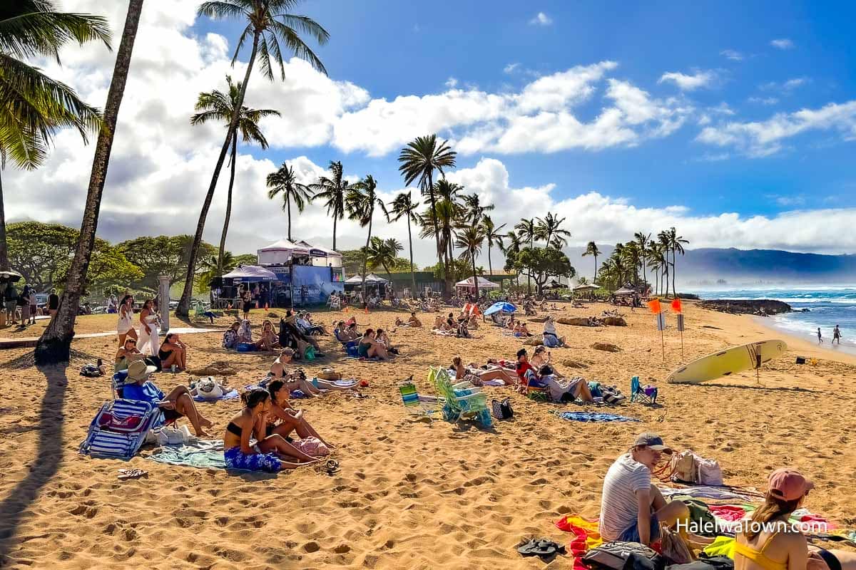 several groups of people siting on the sand at alii beach watching the surfers during a surfing competition on a sunny day