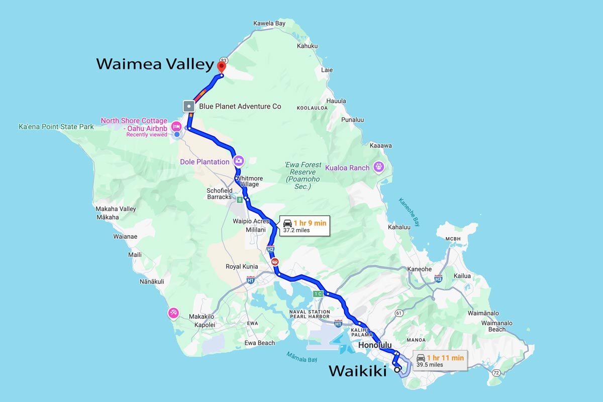 map showing directions from Waikiki to Waimea valley