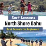 surf lessons North Shore Oahu for beginners with Instructors guiding kids on boards in the water and a group lesson on the beach with surfboards lined up.
