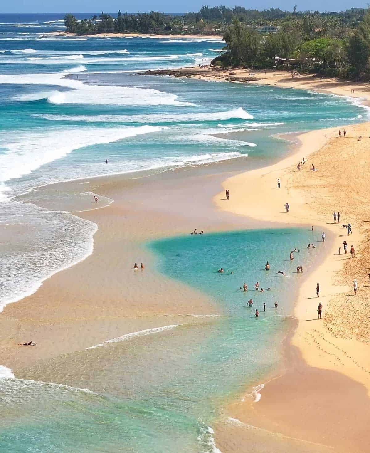 Natural sandbar pool forming at Ehukai Beach Park during early winter