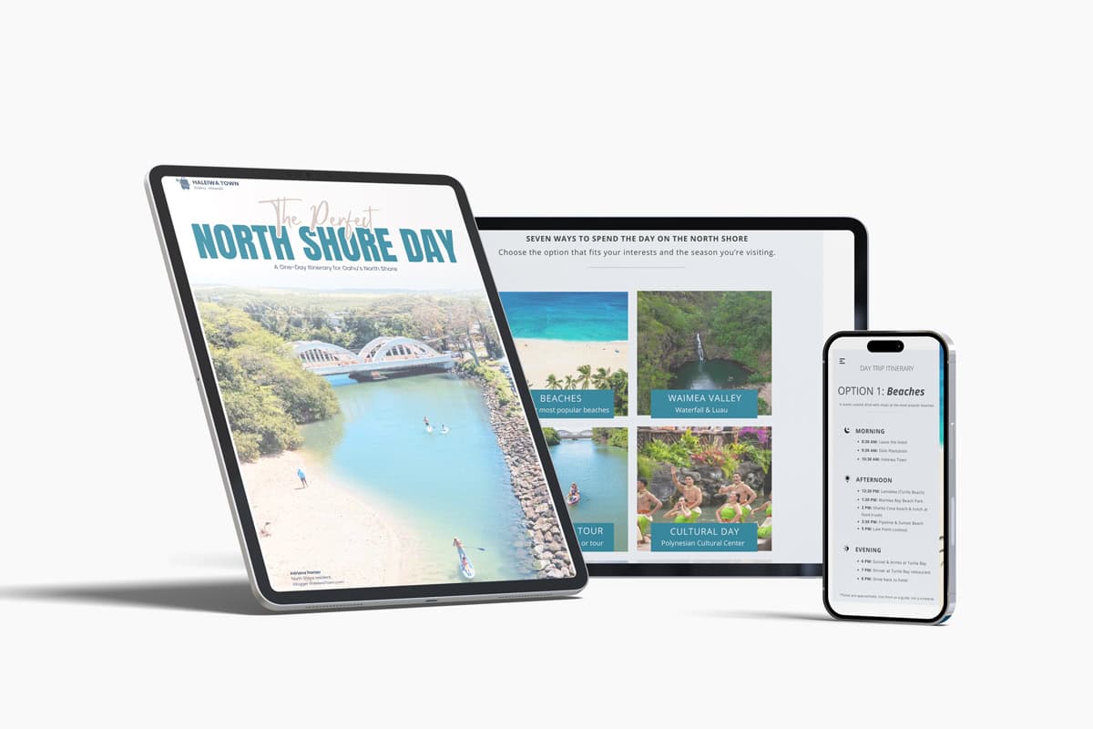 North Shore Oahu itinerary ebook displayed on tablet, laptop, and phone