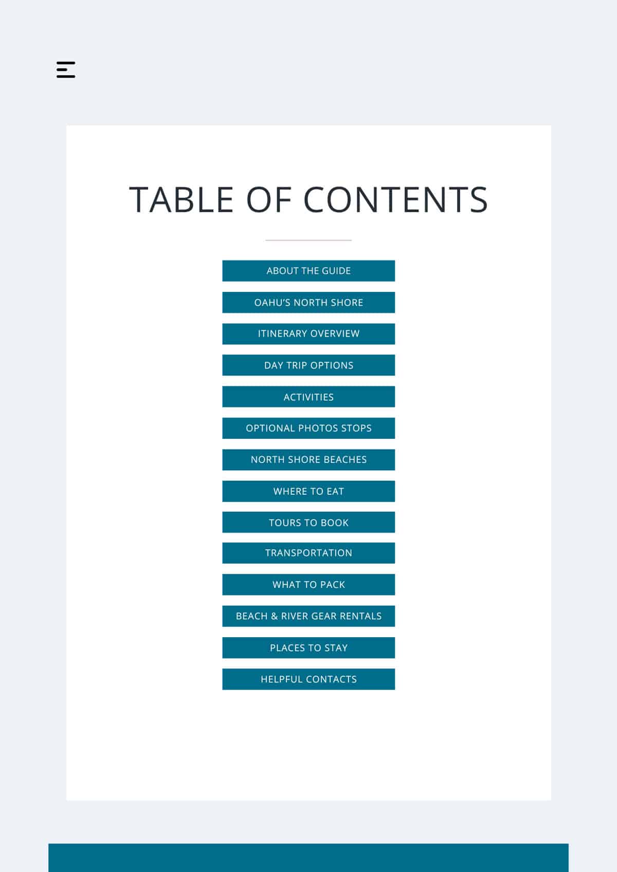 Table of contents page from the North Shore Oahu itinerary guide