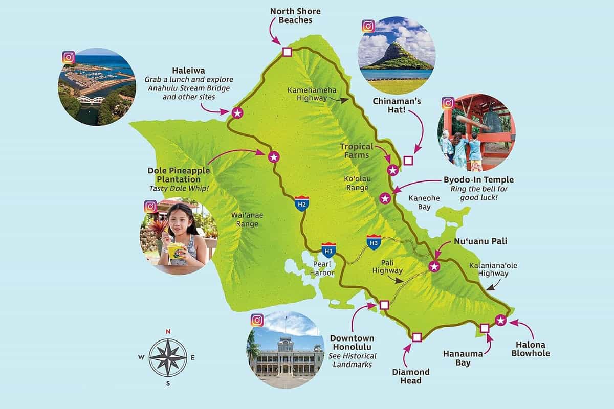 Map of the Oahu Grand Circle Island tour route around the island