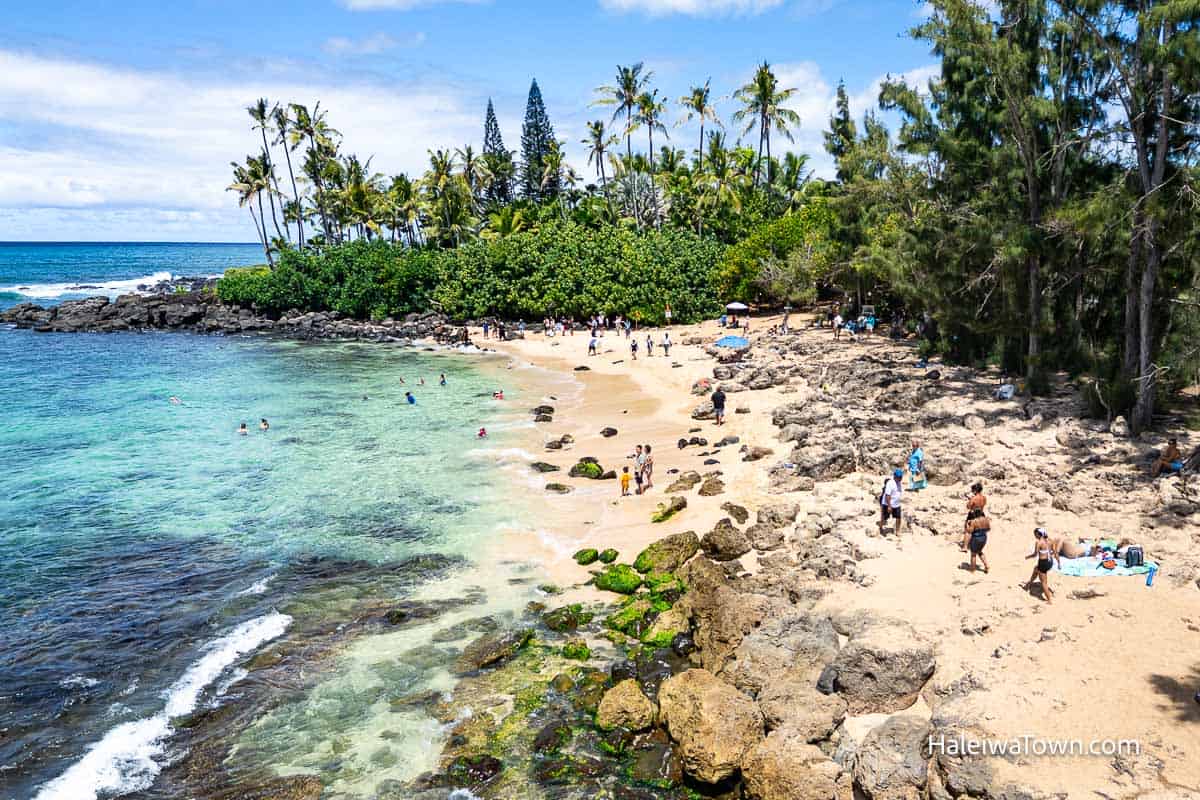 Aerial view of Laniakea Beach showing the rocky shoreline and shallow snorkeling area.