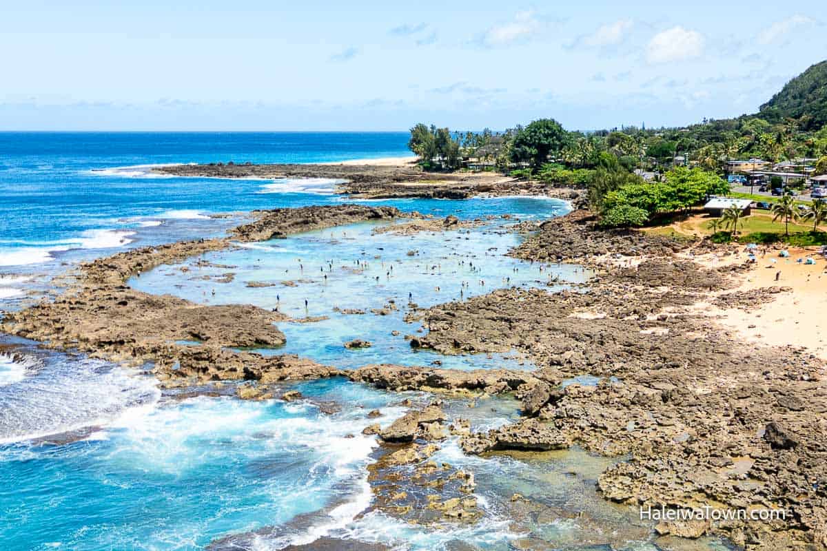Aerial view of Shark's Cove on Oahu's North Shore showing the volcanic reef, tide pools, and snorkeling area.